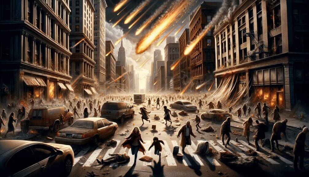 Disaster 101 Natural disasters AI-generated image of an Asteroid storm in a big city