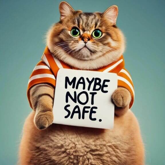 A fat orange cat in a striped sweater holding a sign about it not being safs