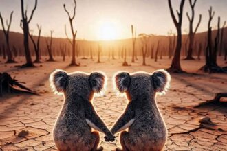 Two koala bears hold hands as they look at their habitat destroyed by climate change denialism and drought.