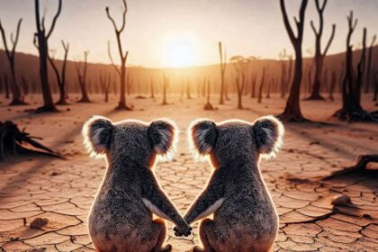 Two koala bears hold hands as they look at their habitat destroyed by climate change denialism and drought.