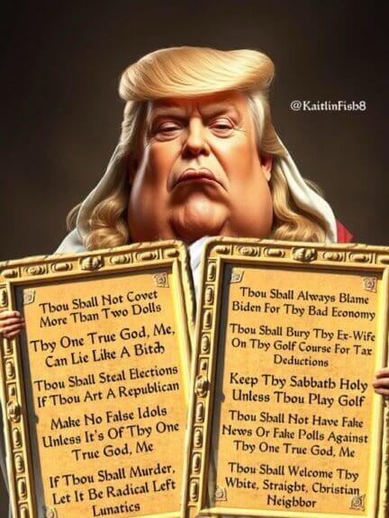 Meme of king trump holding gold tablets with the maga commandments inscribed on them.
