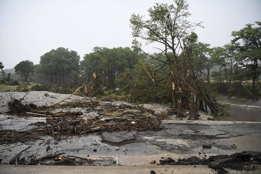 road damaged texas flood Road damaged in catastrophic flooding in central texas on friday, july 4. Raining peaked at 15 inches in some regions.