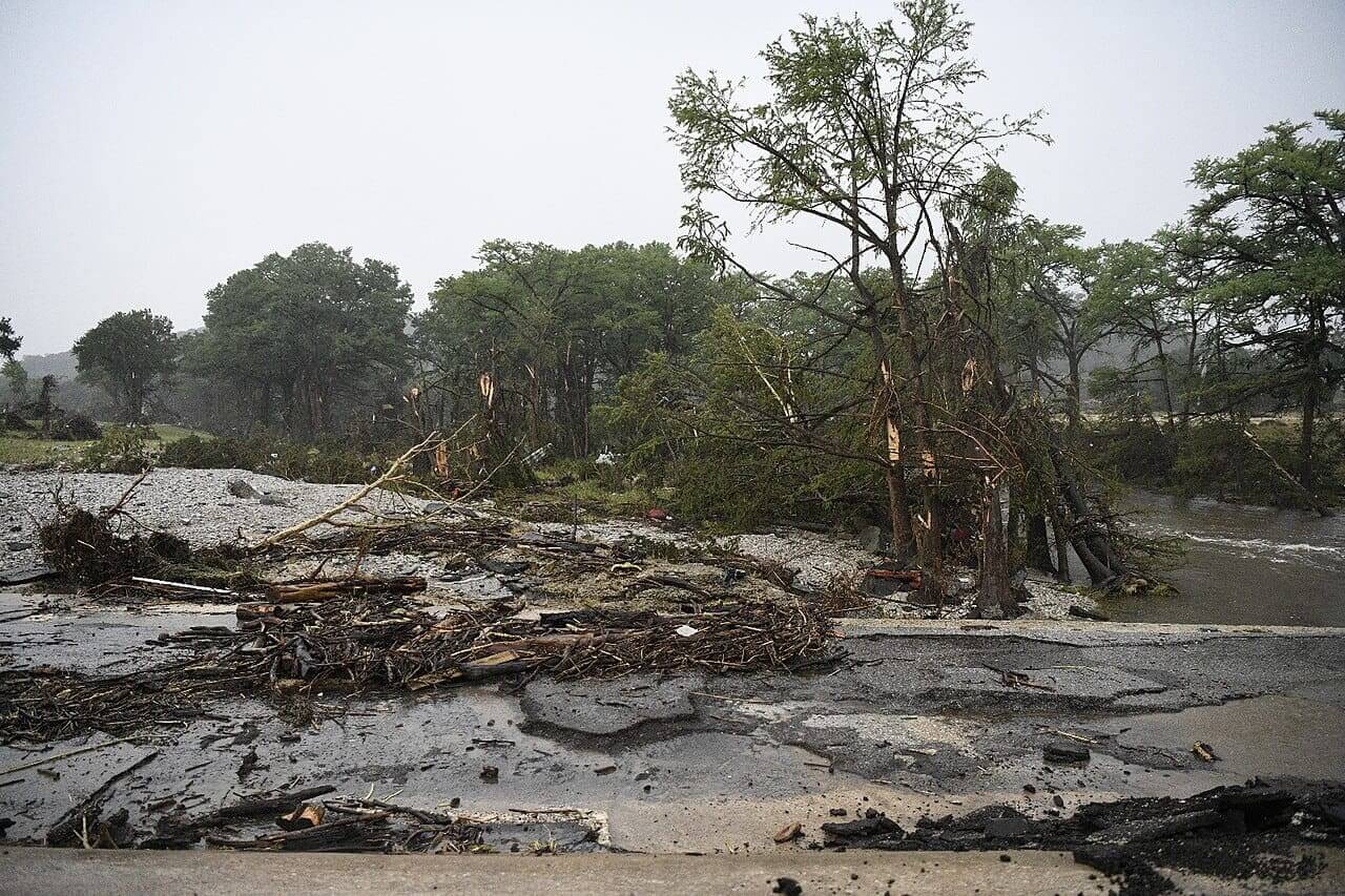 Road damaged in catastrophic flooding in central texas on friday, july 4. Raining peaked at 15 inches in some regions.