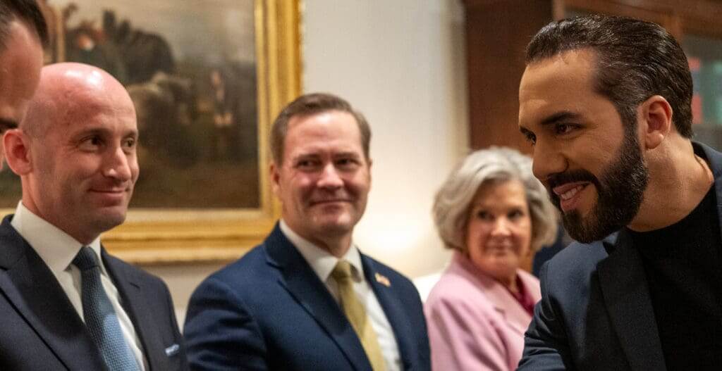 Stephen Miller admires Bukele in the West Wing Lobby of the White House, Monday, April 14, 2025, as he arrives for a bilateral meeting with President Donald Trump. (Official White House Photo by Joyce N. Boghosian)
