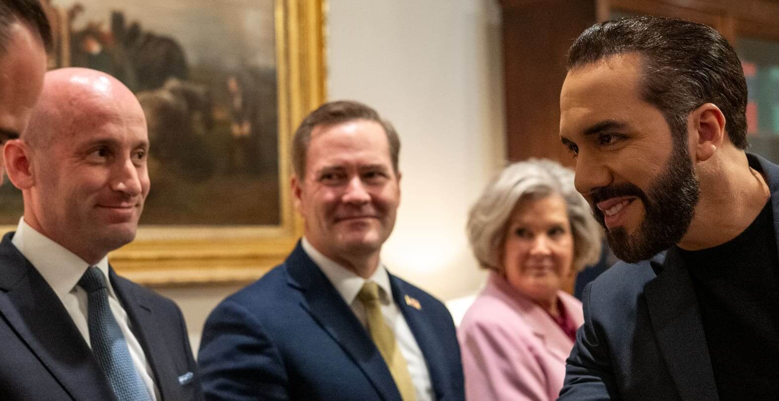 Stephen miller admires bukele in the west wing lobby of the white house, monday, april 14, 2025, as he arrives for a bilateral meeting with president donald trump. (official white house photo by joyce n. Boghosian)