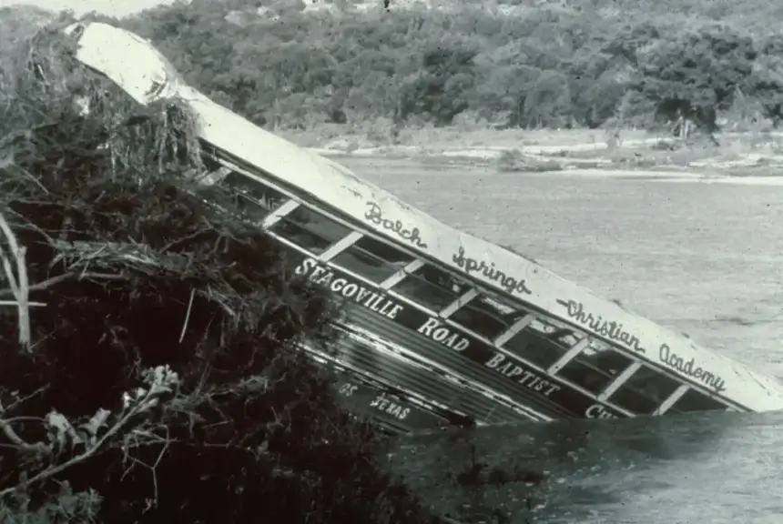 Kerr county floods. Camp bus in the water