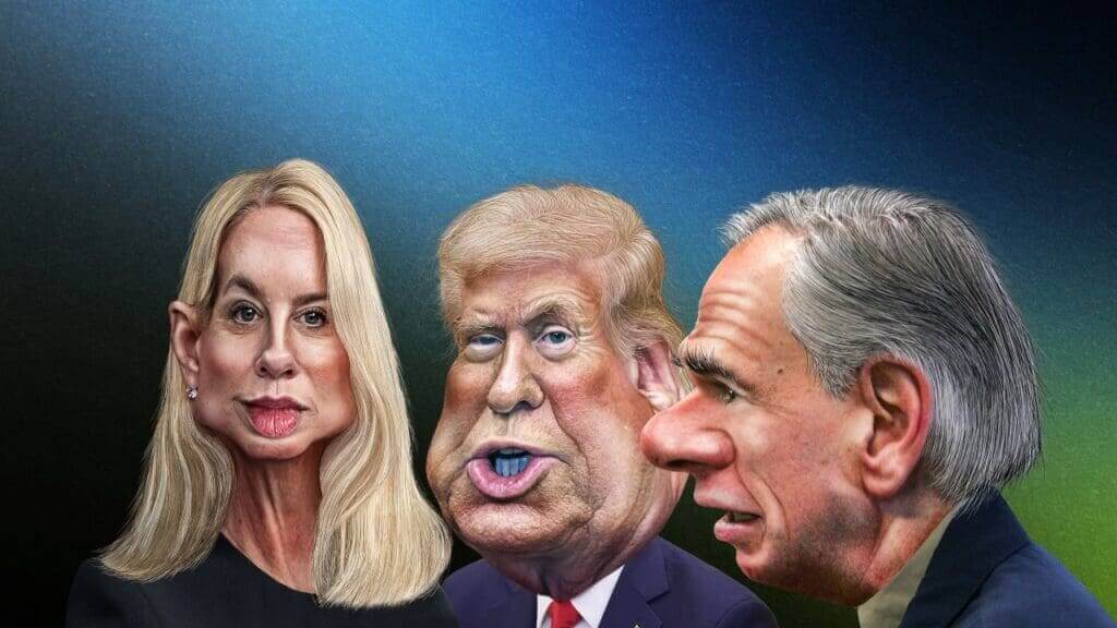 Caricatures of Pam Bondi, Trump, and Greg Abbott