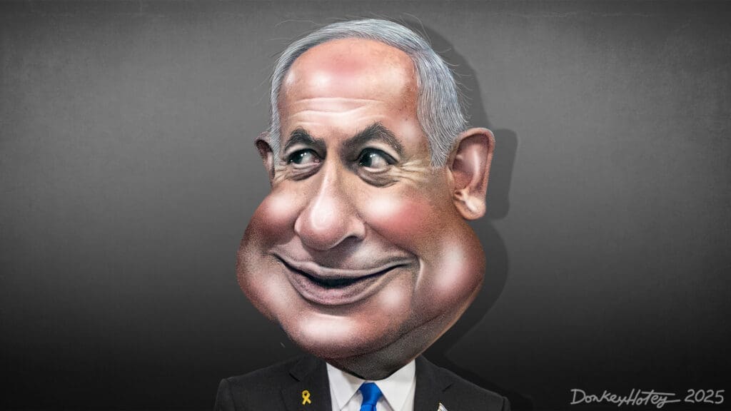 Caricature of benjamin netanyahu smiling about greater israel