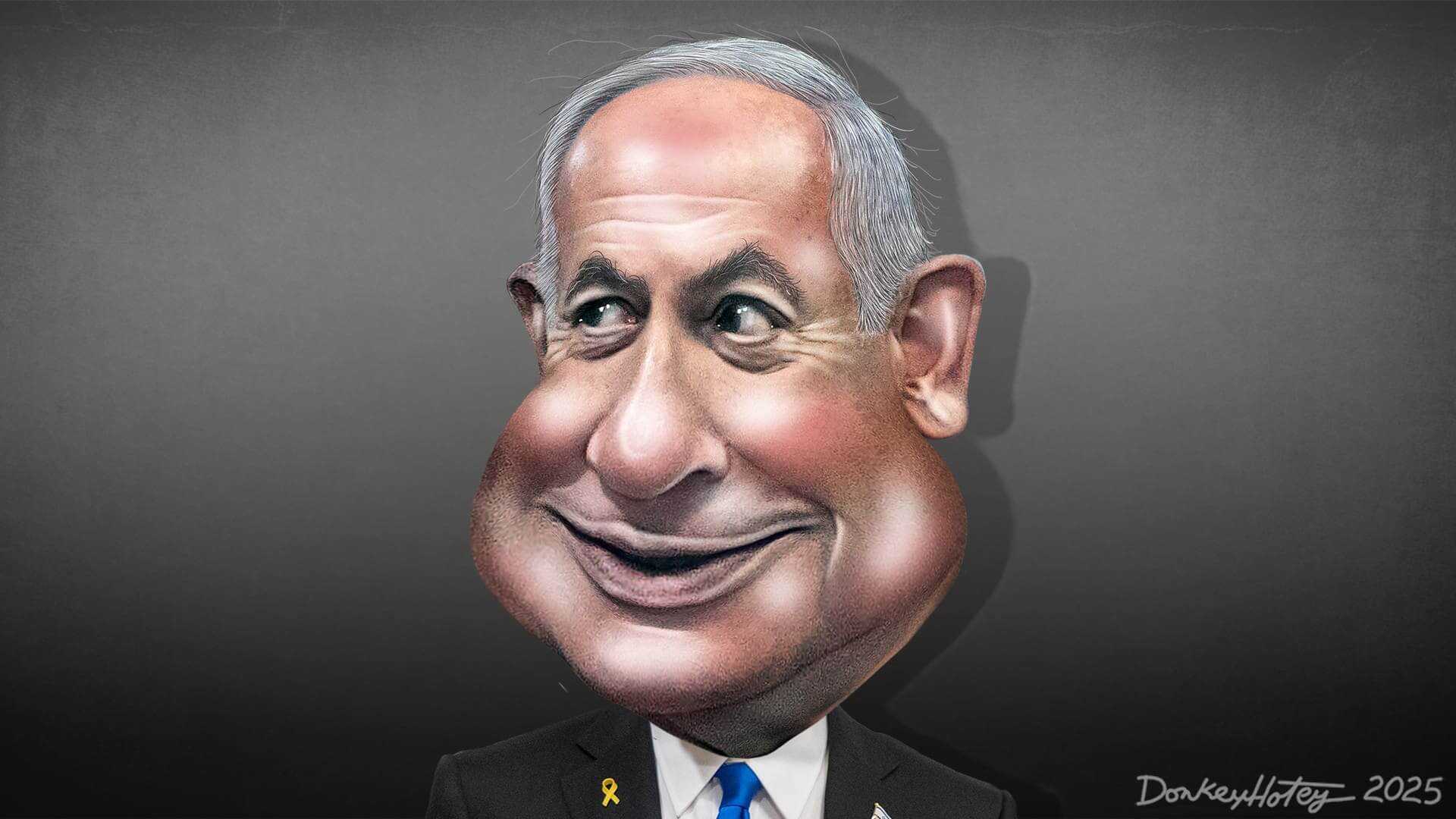 Caricature of benjamin netanyahu smiling about greater israel