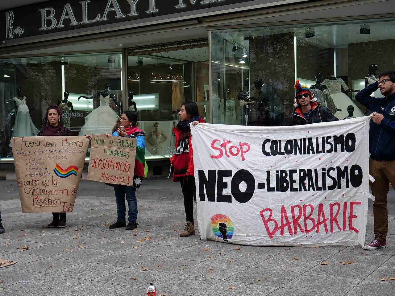 Protest by indigenous ecuadorian groups in front of the ecuadorian embassy on 9 october 2019 in berlin