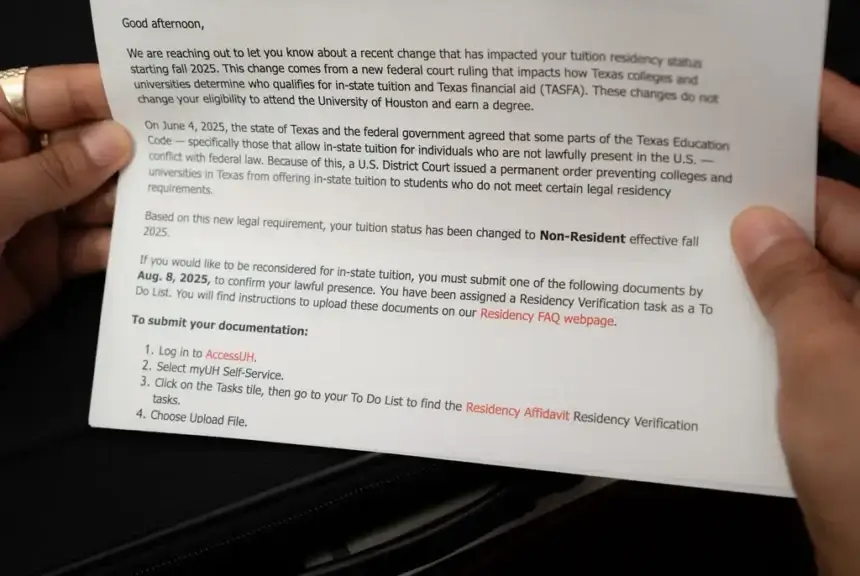 Letter about ban on tuition for undocumented immigrants