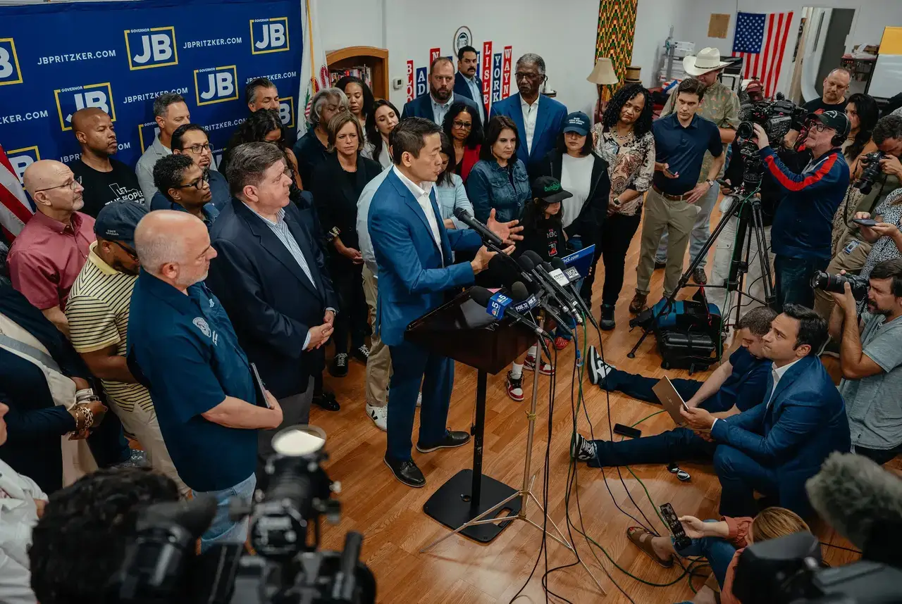 Texas dems speak during a press conference in illinois