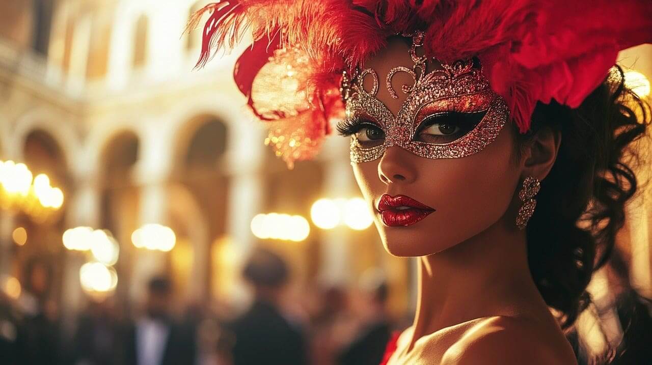 Trump’s ballroom a beautiful woman in the foreground of a golden ballroom