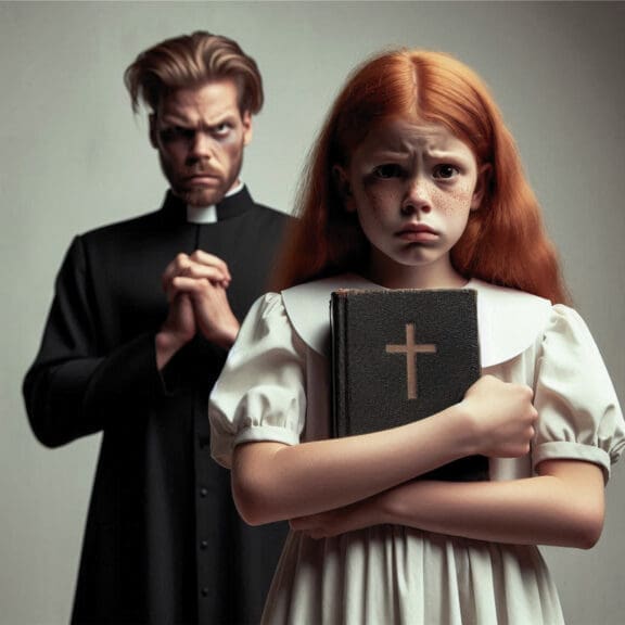 Christian nationalism represented in an ai-generated image of a pastor with an evil expression standing behind a scared young girl, clutching her bible.