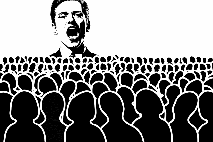 Illustration of christian nationalism, an authoritarian shouting at a huge group of people.