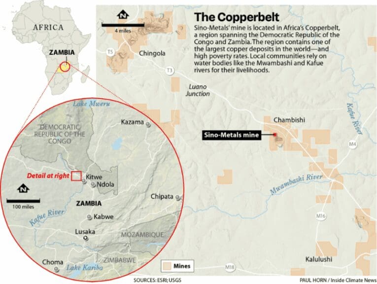 Map of area affected by toxic spill by a chinese mining company
