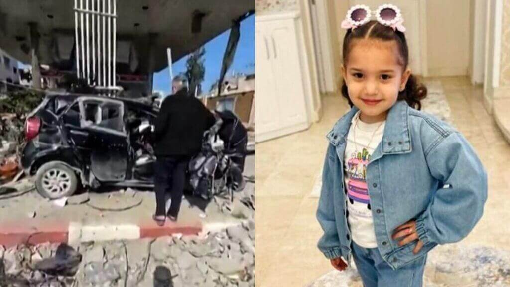 Hind Rajab next to a photo of the vehicle she was murdered in.