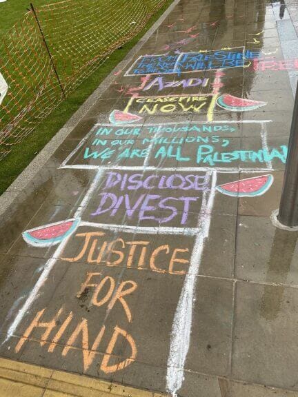 Chalk art made on the first day of the oxford palestine solidarity encampment, front lawn of oxford natural history museum