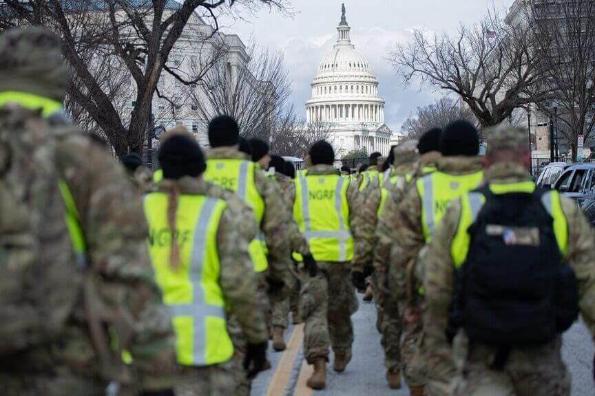 8,000 National Guard members from several states walk to their crowd control locations before the start of the 60th Presidential Inauguration in D.C. in January, 2025.