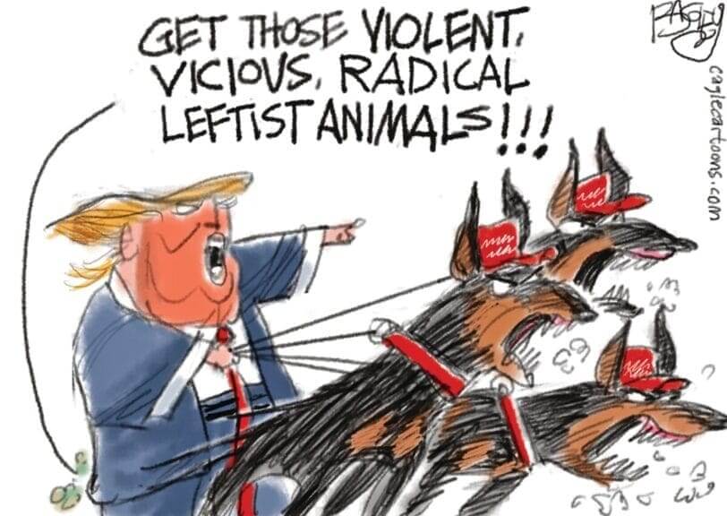 MAGA dogs political cartoon. Trump not sending SNAP funding to blue states tracks.