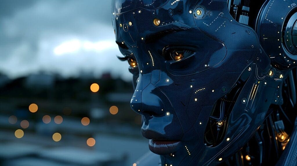 Data centers humanoid female robot made of black shiny metal