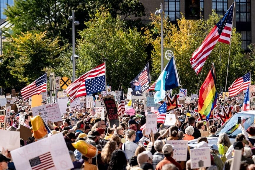 Dystopia without the constitution. American flags at hate america rally