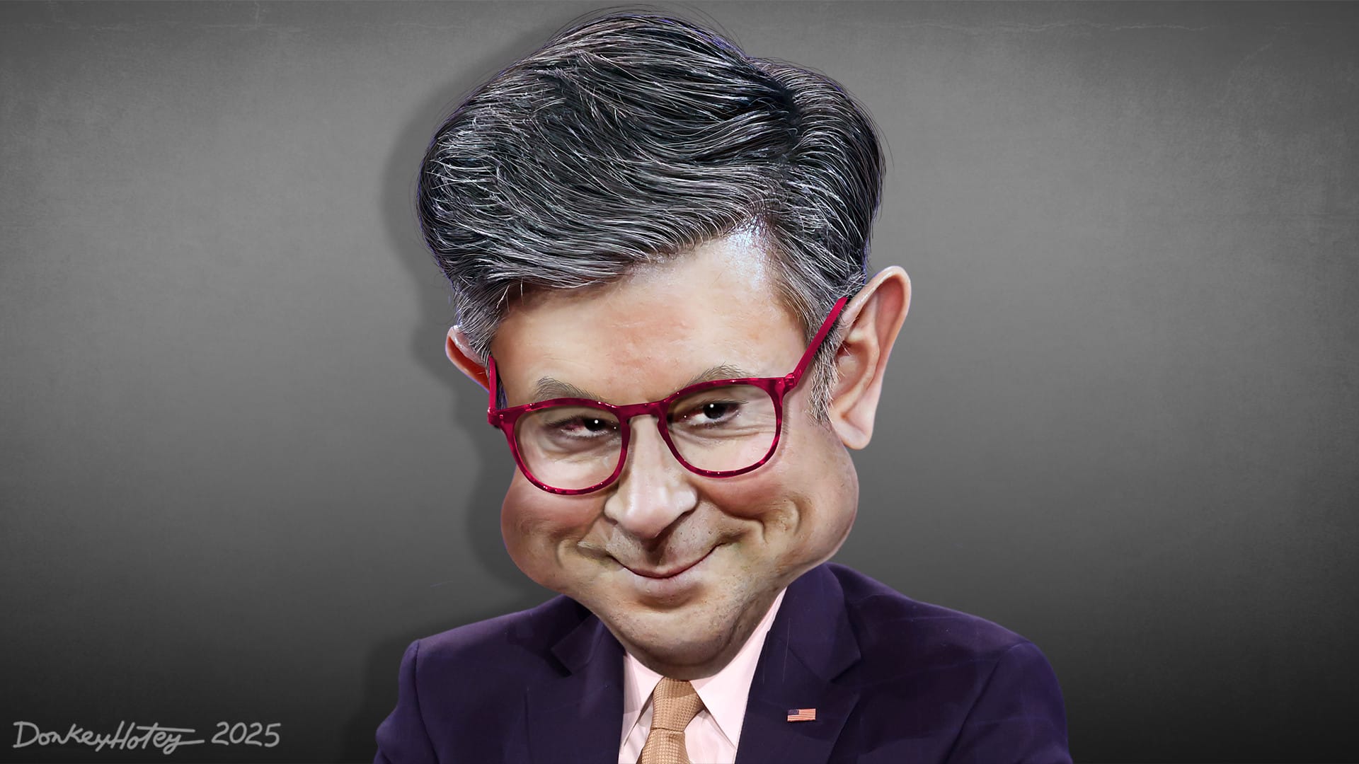 Caricature of mike johnson thinking about the healthcare con.