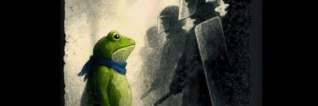 Painting of a frog standing in front of militarized police crushing dissent