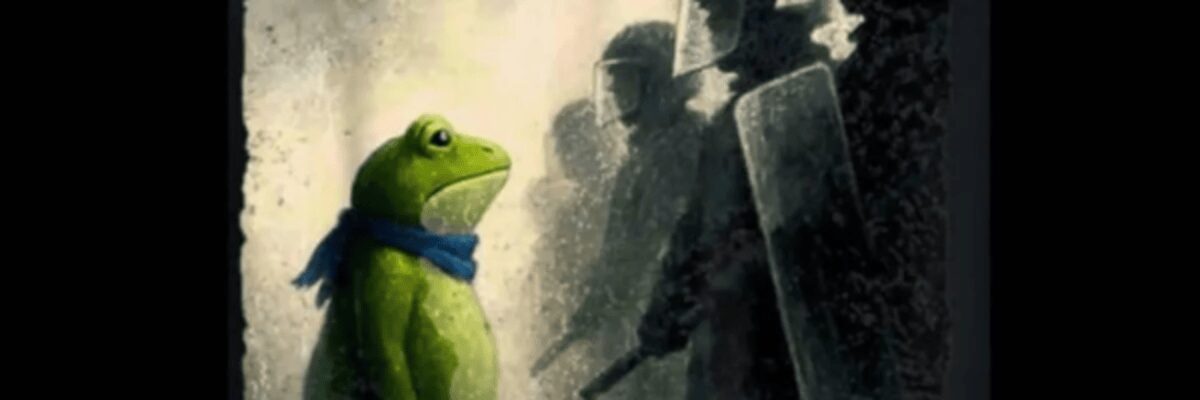 Painting of a frog standing in front of militarized police