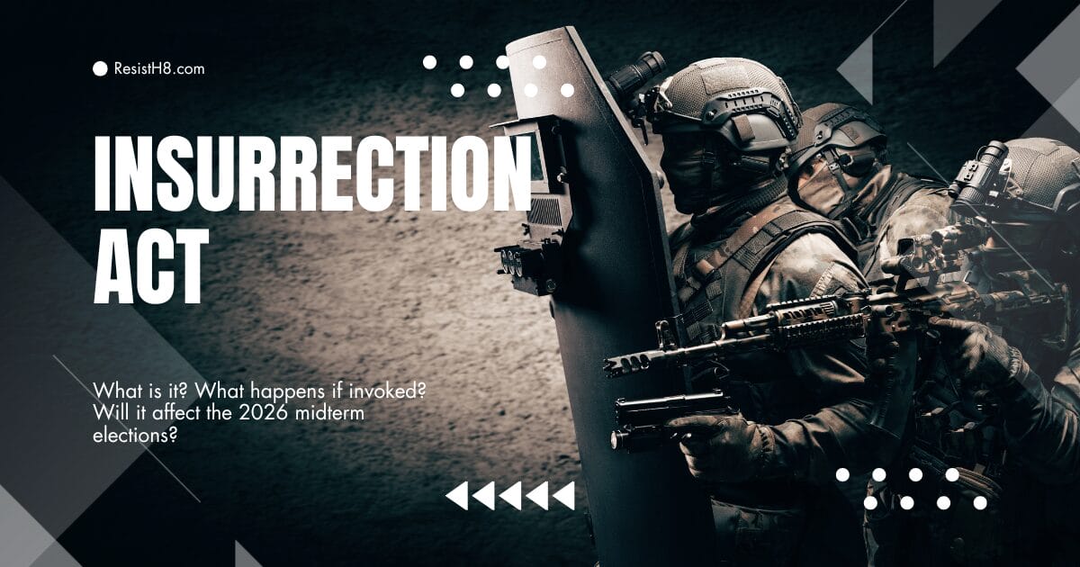 The insurrection act graphic with soldiers in background