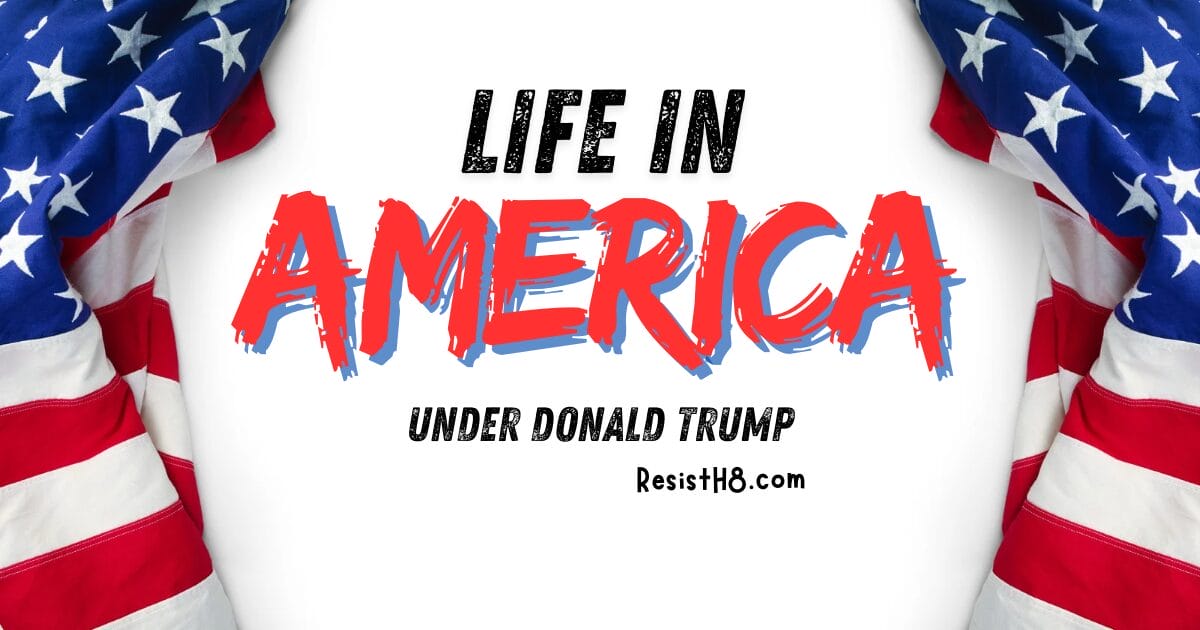 Life in trump’s america text between curtains made of the american flag