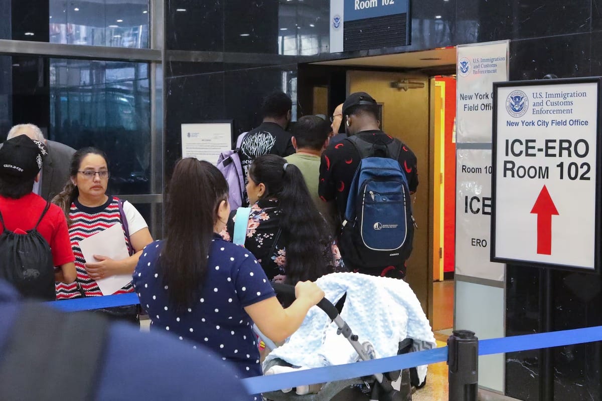 People report to check-ins with immigration and customs enforcement inside 26 federal plaza.