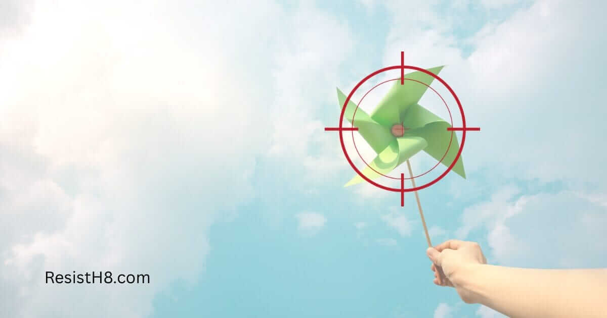 Blue sky with clouds, a hand holds a pinwheel with a red target on it.
