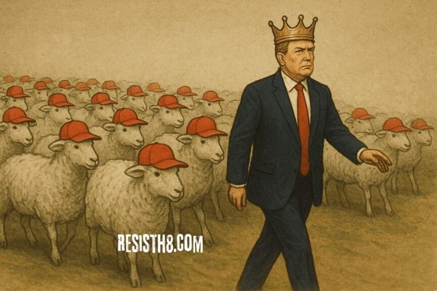 Donald Trump wearing a crown, leading a flock of sheep wearing red MAGA hats