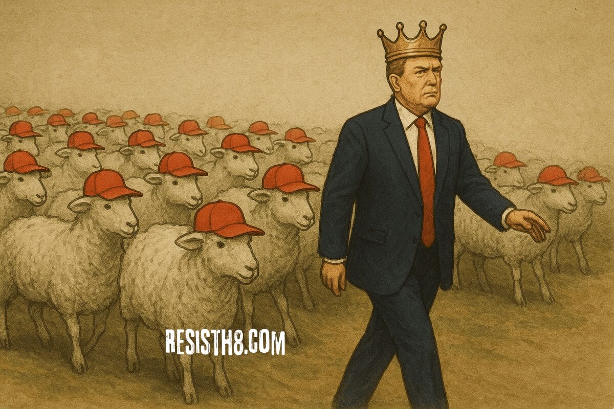 Donald trump wearing a crown, leading a flock of sheep wearing red maga hats