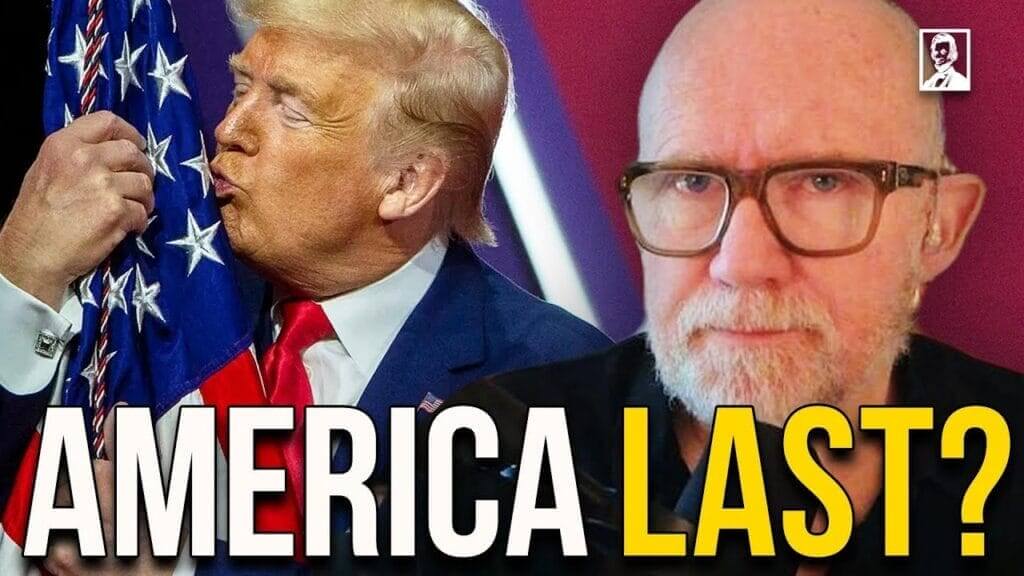 Donald Trump hugging the flag and kissing it with Rick Wilson. America First