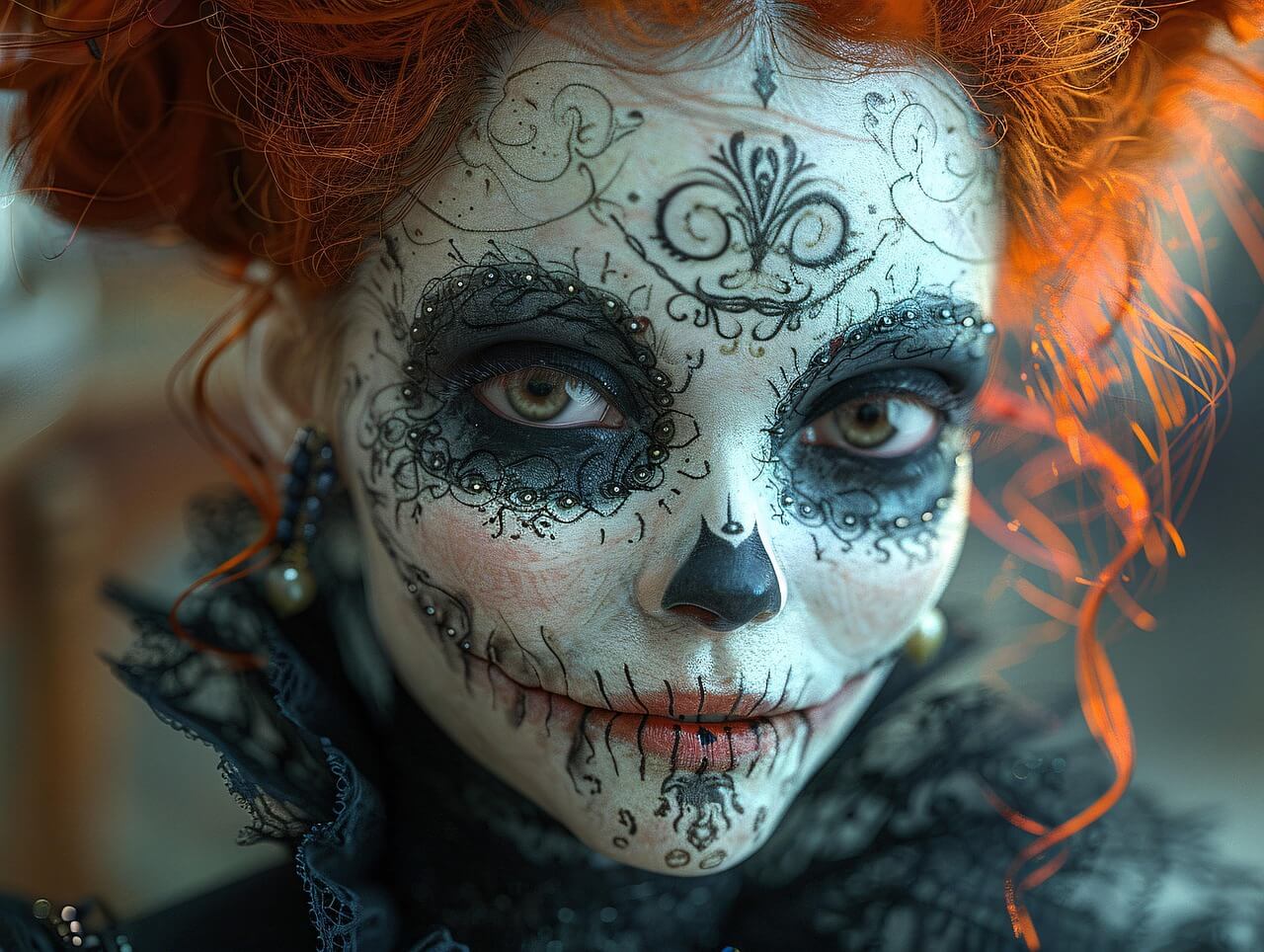 Day of the dead makeup on a woman with red hair (ai generated)