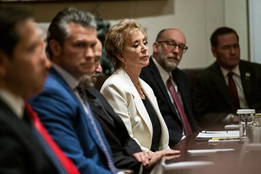 Education Secretary Linda McMahon at a cabinet meeting in the White House.