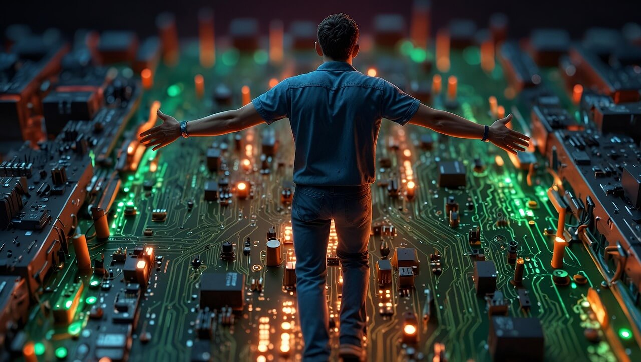 Data centers man on a motherboard