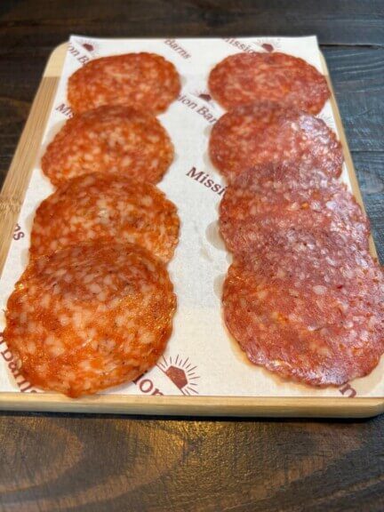 Salami made with animal fat and plant proteins