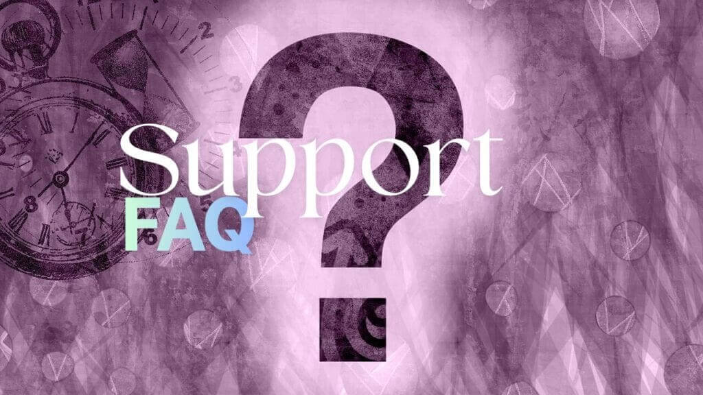 Support FAQ graphic with purple background and question mark