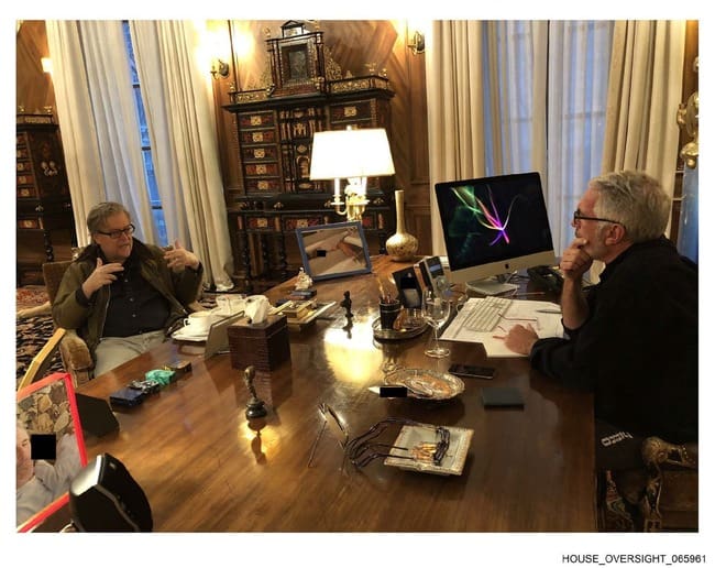 epstein photo bannon Jeffrey epstein and steve bannon talking at his desk
