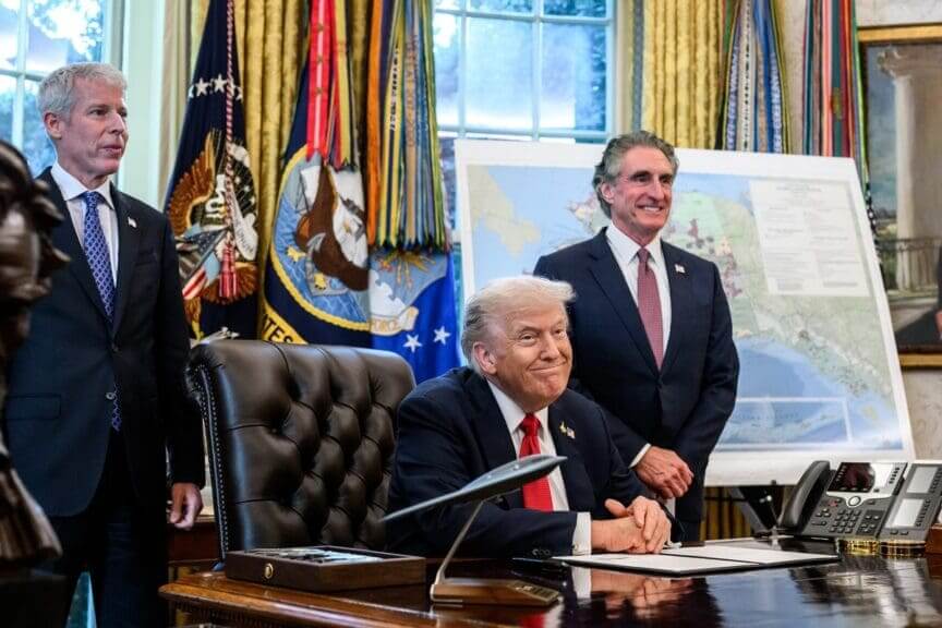 Donald Trump, Doug Burgum, and Chris Wright in the Oval Office MAGA in 2035