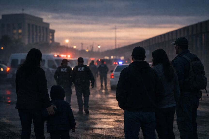 Illustration of ICE agents on a City Street as the sun sets in the background. Trump immigration 2026
