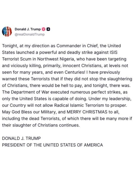 Screenshot of president trump's post about strikes against isis in nigeria