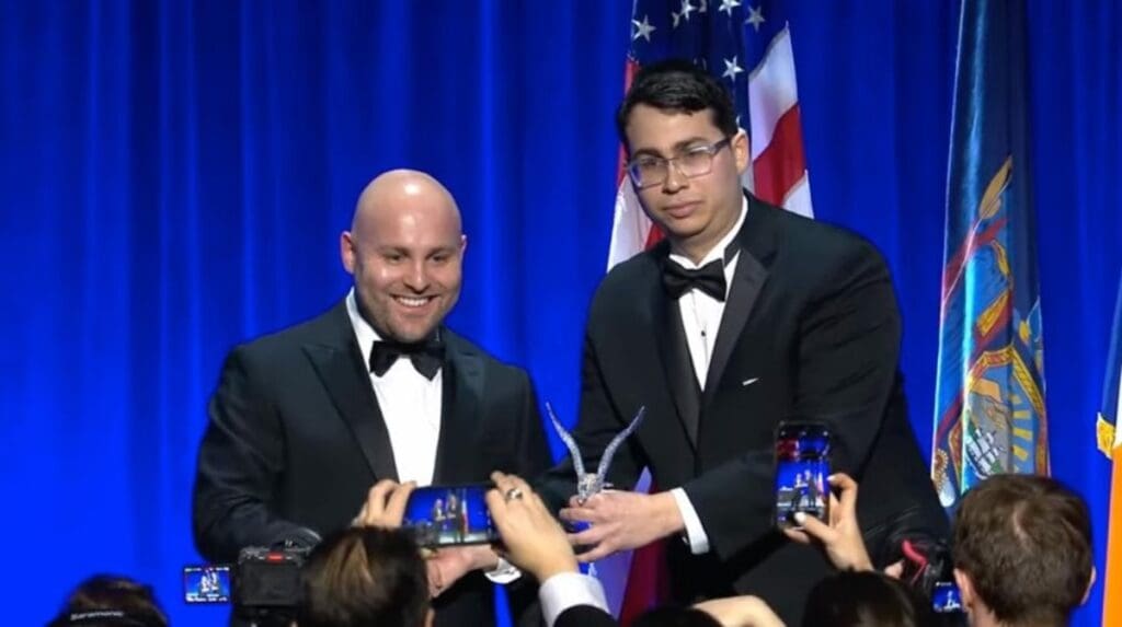 New york young republican club policy chairman dovid holtzman gives an award to markus frohnmaier of germany's far-right party afd in this video still from the club's 2026 annual gala.