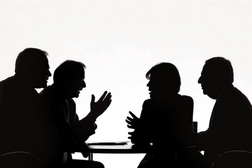 People sitting around as table engages in a discussion about the Caribbean boat strikes