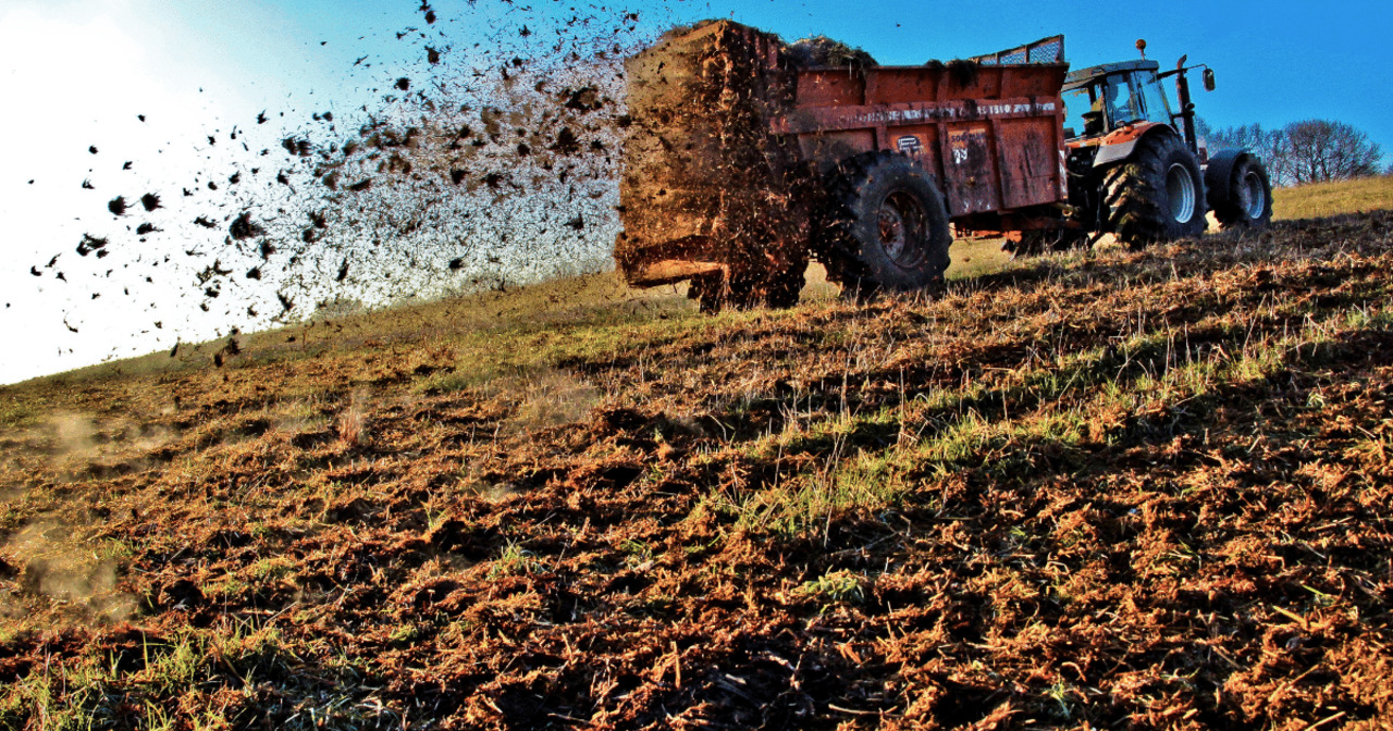 Tractor dropping manure in a field on a farm