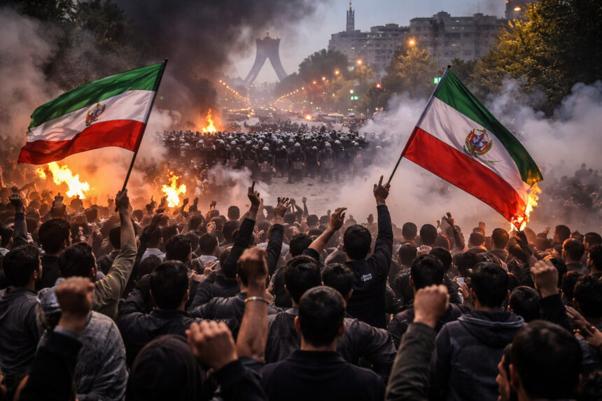 Protests in iran with fires lit around people