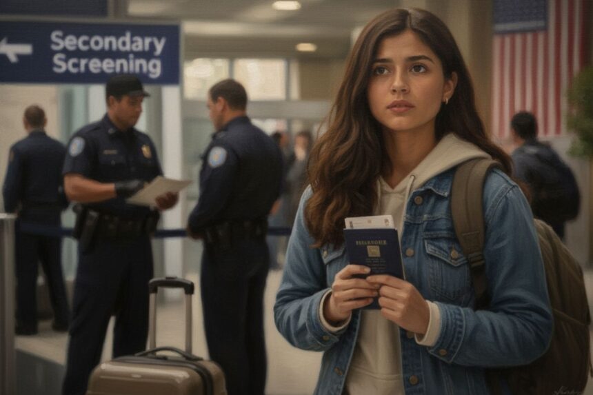 Young girl standing in an airport looking scared. Massachusetts college student deported by mistake.